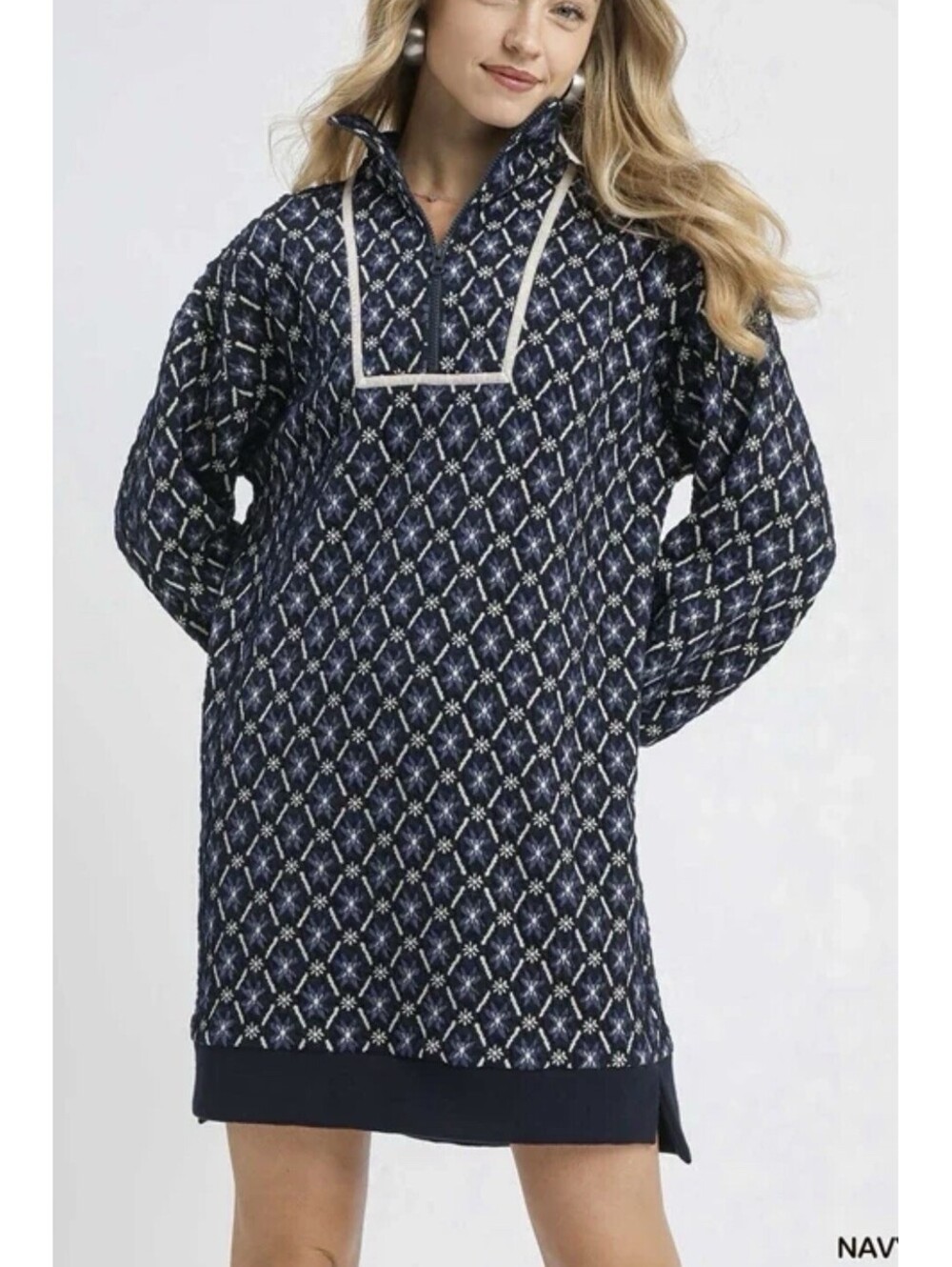 Umgee Textured Jacquard Knit Dress Pullover Quarter zip Boutique Navy Sz S